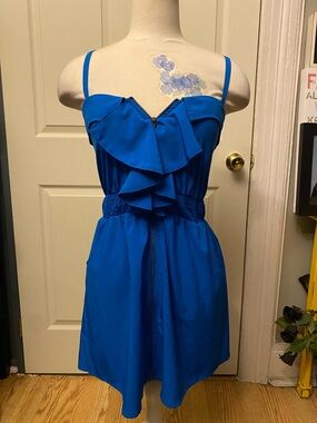 Women’s Size S X TAREN Sleeveless Royal Blue Ruffle Front Zip Mini Sundress